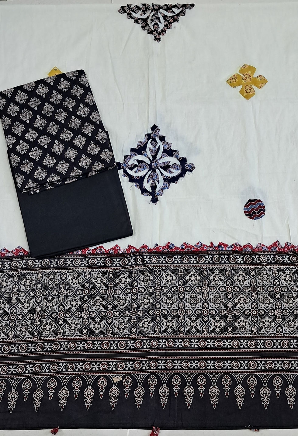 100% Cotton Ajrak print Suit with Applique work Dupatta-Unstitched
