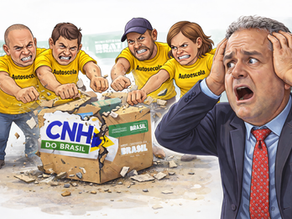 três homens e uma mulher amassando uma caixa ao lado de outra pessoas com as mãos na cabeça