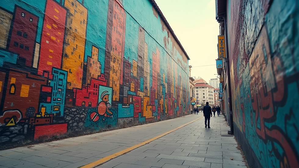 Eye-level view of a vibrant mural showcasing a cityscape