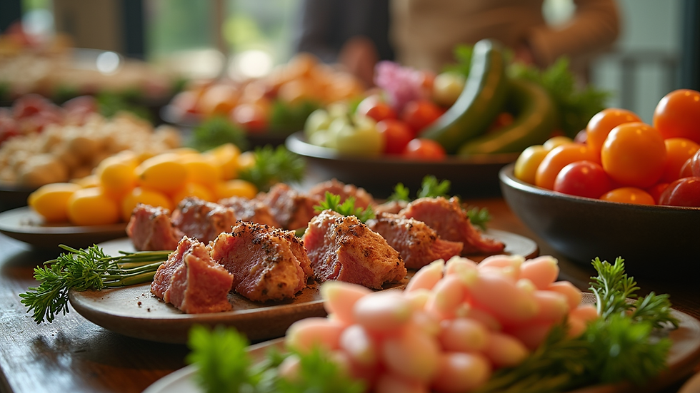 Close-up view of an elegant wedding buffet featuring seasonal Ohio ingredients