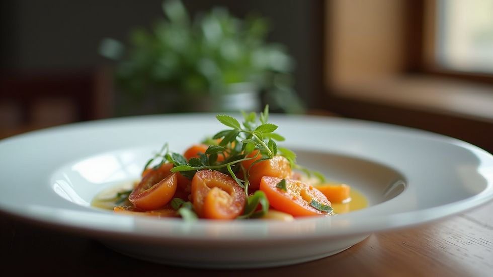 Eye-level view of a beautifully plated gourmet dish with fresh local ingredients