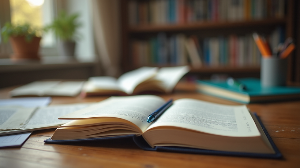 Close-up view of a study desk with open textbooks and notes