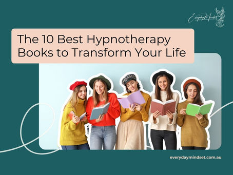 Five smiling women in colorful outfits and hats read books against a light blue background. Text: "The 10 Best Hypnotherapy Books."