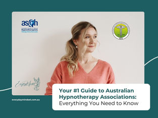 A Sydney Hypnotherapist smiles against a white background. Text: Guide to Australian Hypnotherapy Associations. Logos and website visible.