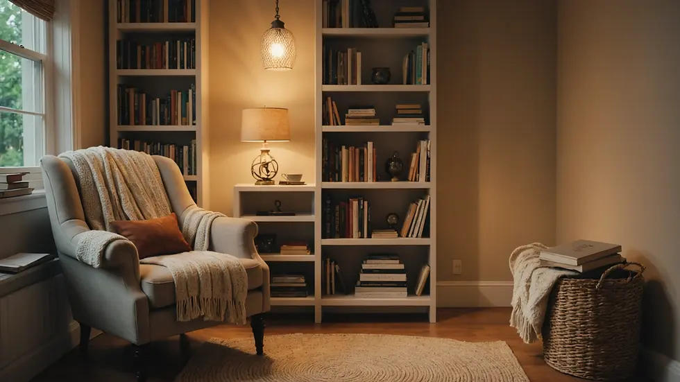 Close-up view of a peaceful reading nook with a cozy chair and soft lighting