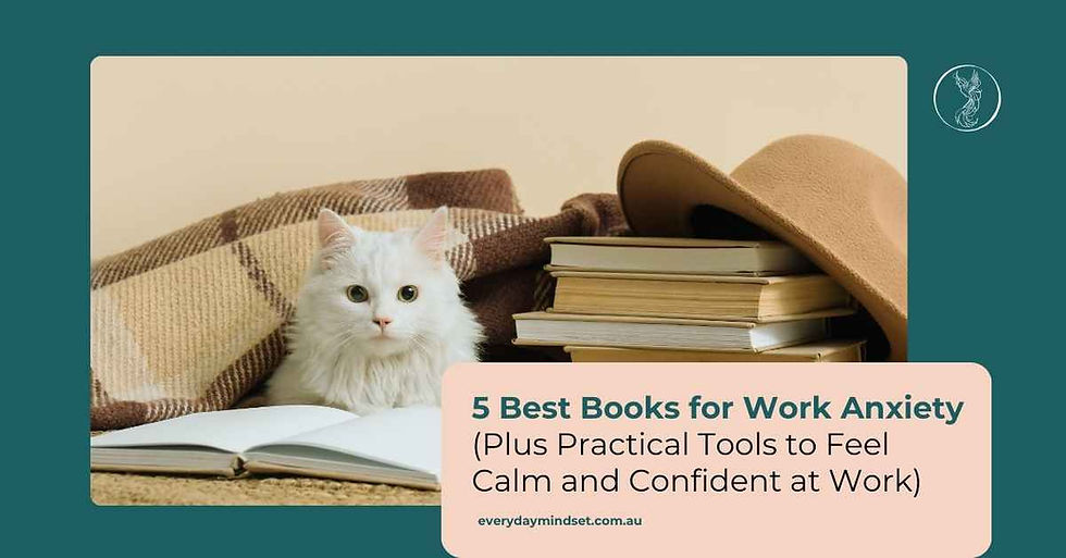 a cat sitting among books sitting on a bed. Text reads: 5 Best Books to Overcome Anxiety at Work and in Business.