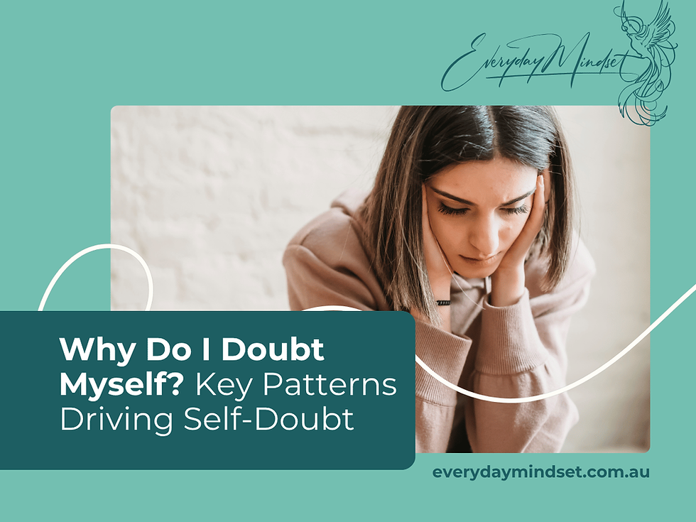 Woman looking down with hands on face on a teal self-help graphic titled Why Do I Doubt Myself?