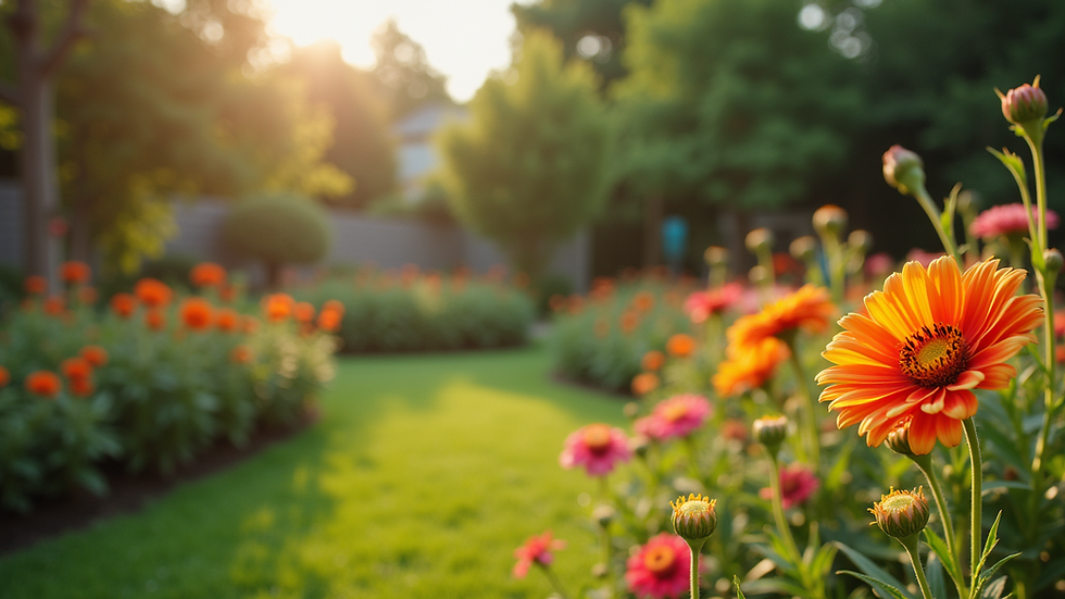 Wide angle view of a well-maintained garden with vibrant flowers