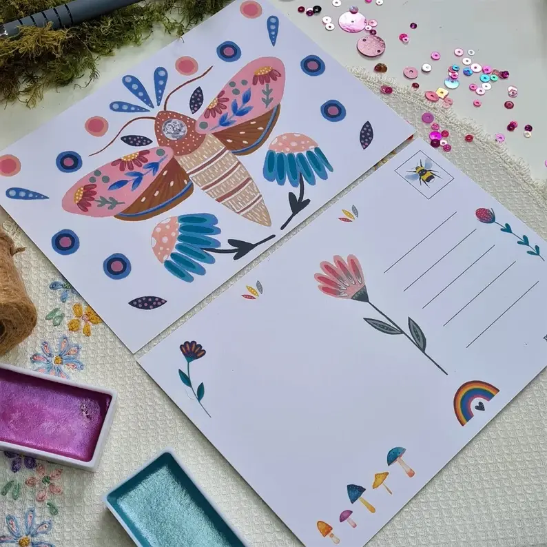 Thumbnail: Floral Moth Postcard - Tiny art - Floral stationery