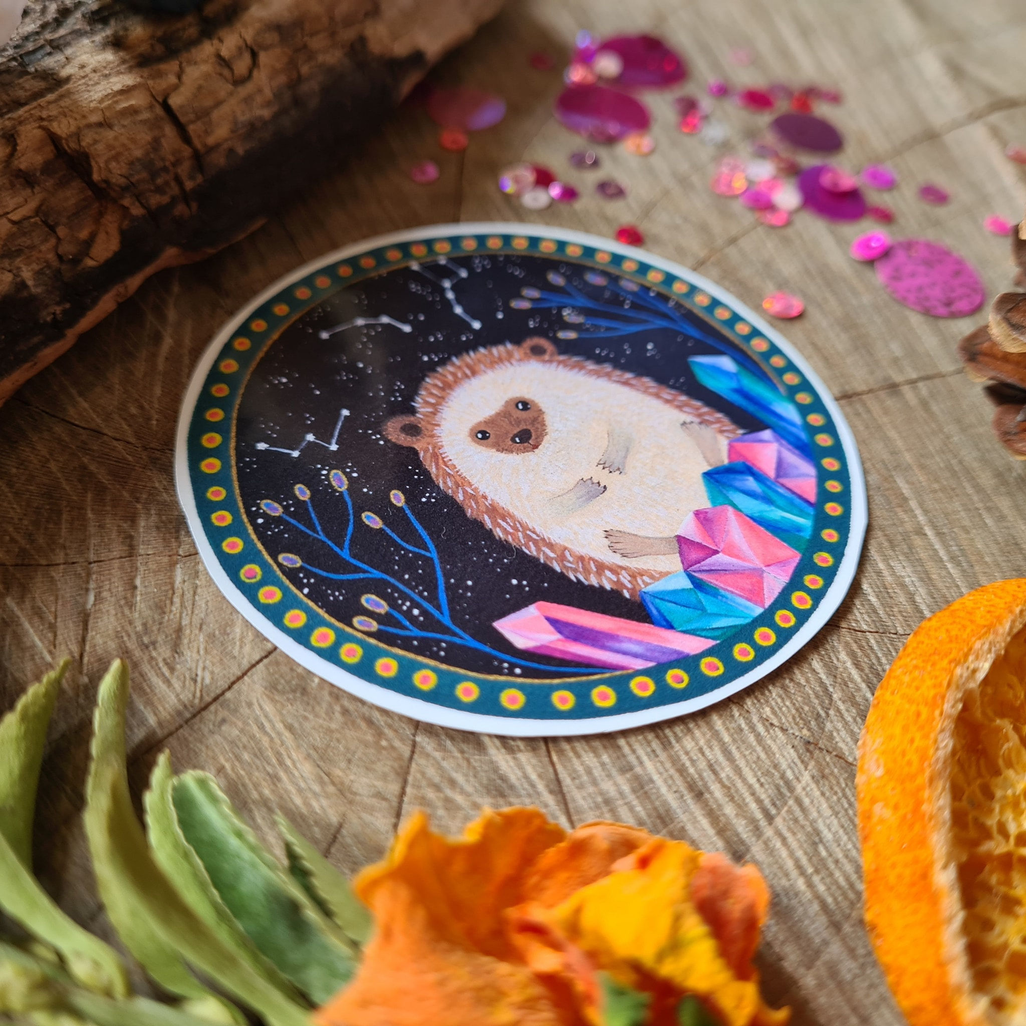 Hedgehog illustrated vinyl sticker - journal sticker - laptop sticker - crystals