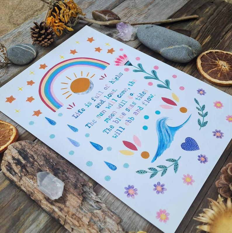 Thumbnail: Change quote art print - Rainbow painting - moon folk art - Sun illustration - P
