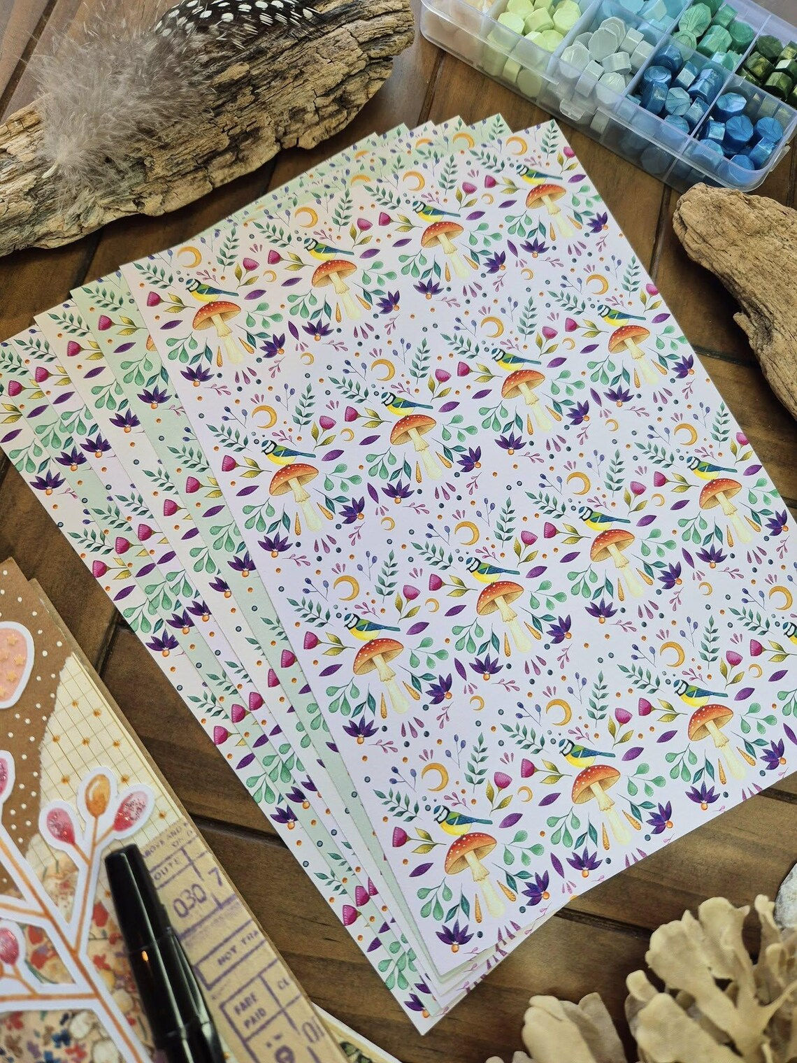 Blue tit on a toadstool journal paper - A5 printed paper - Fungi paper for craft