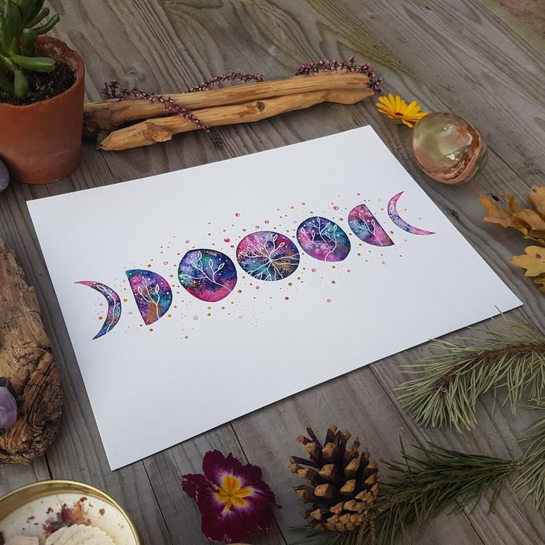Thumbnail: Botanical moon phases art print - purple and teal painting - bohemian art - spir