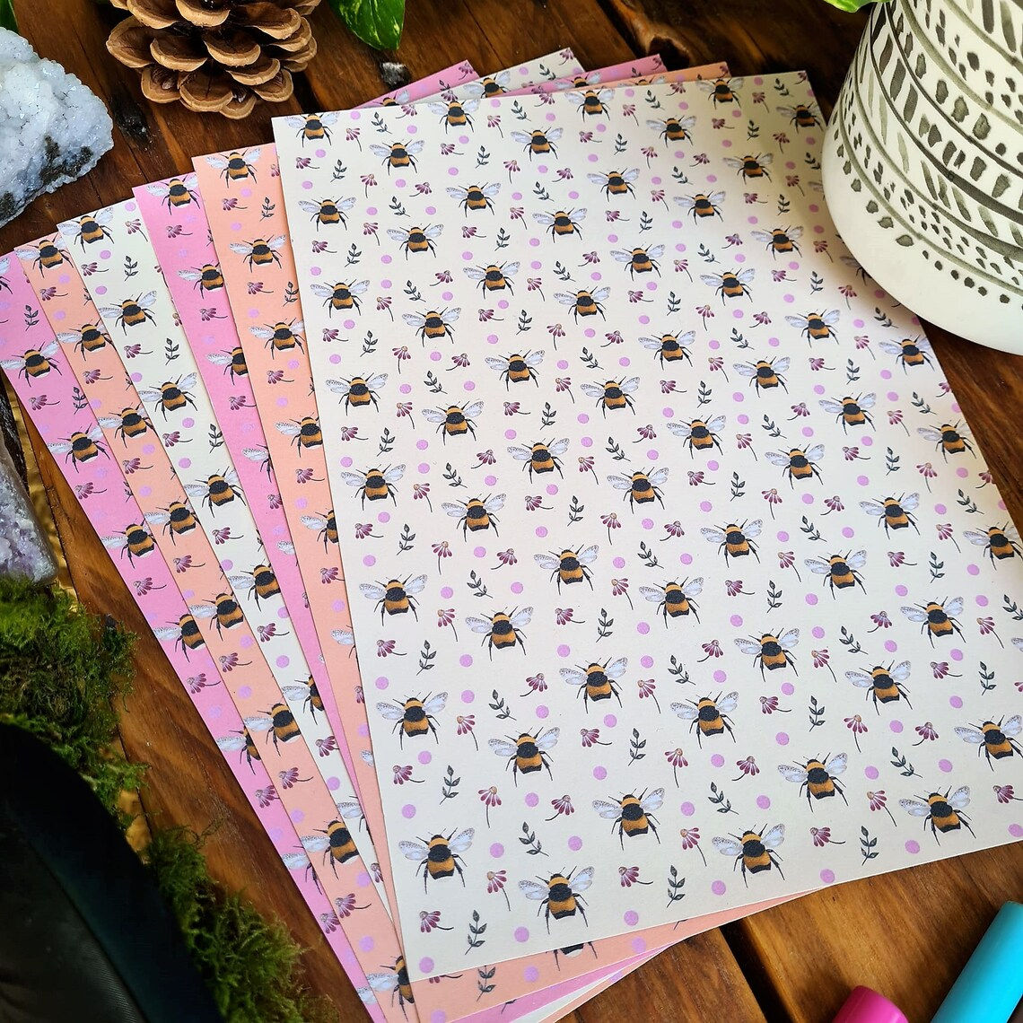 Bumblebee journal paper - A5 printed paper - flower paper for crafting