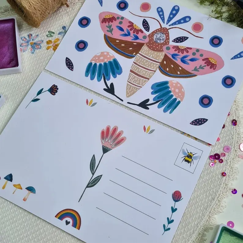 Thumbnail: Floral Moth Postcard - Tiny art - Floral stationery