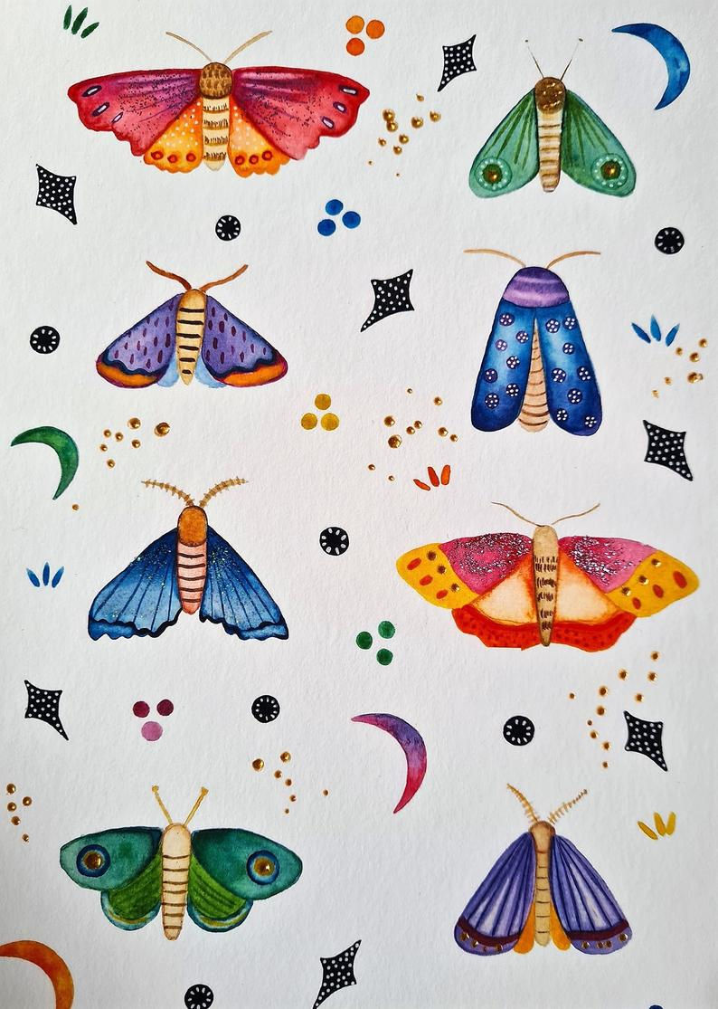 Thumbnail: Folk moth print - crescent moon painting - folk art - Moth illustration