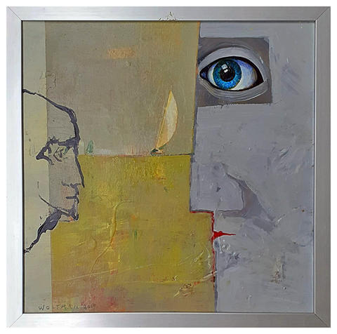 Maciej Woltman obraz w technice akryl na kartonie, Mały format  40 x 40 cm , grafika przedstawiająca abstrakcyjna dwie zwrocone ku sobie twarze ludzkie a na pierwszym planie wyeksponowane oko, obraz w kolorze dominującym beże i brązy, żółcie, szarości, obraz, sztuka polish art, fine art