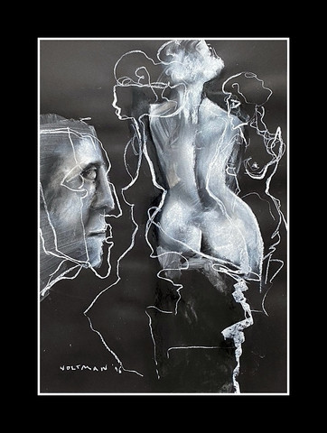 Graphics Maciej Woltman acrylic drawing plus pastel on cardboard, 50 x 70 cm, showing nude female figures, like classical statues In the foreground a male head looking into the distance Drawing in black and white