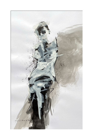 Graphics Maciej Woltman drawing in acrylic technique plus pastel on cardboard 50 x 70 cm showing a figure, a figure of a woman, abstraction in white, gray, black colors