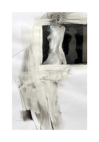 Graphics by Maciej Woltman acrylic drawing plus pastel on cardboard 50 x 70 cm showing a silhouette, a figure of a woman looking at herself in a window or glass, her reflection is also visible, abstraction in white, gray, black colors