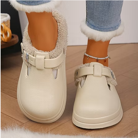 Thumbnail: Waterproof Eva Furry Mules Slippers Women 2025 Winter Metal Buckle Warm Plush