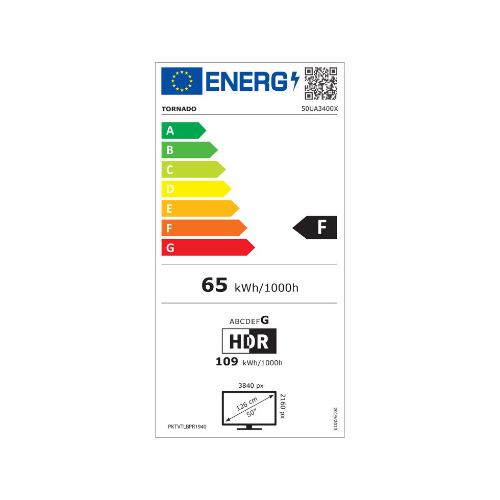 TORNADO 50UA3400X  EU-Energielabel der Klasse F für 50-Zoll 4K Smart-TV.