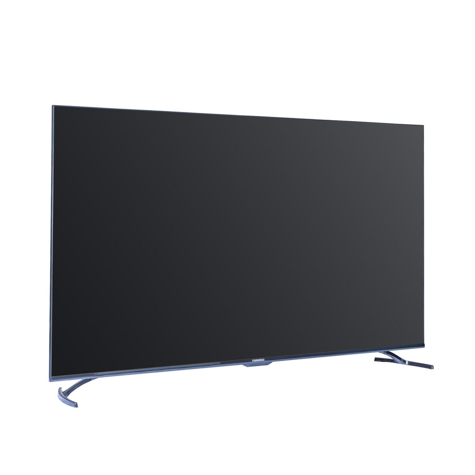 Frameless 65 Zoll 4K | Schrägansicht mit schwarzem Bildschirm und schlankem modernen Standfuß