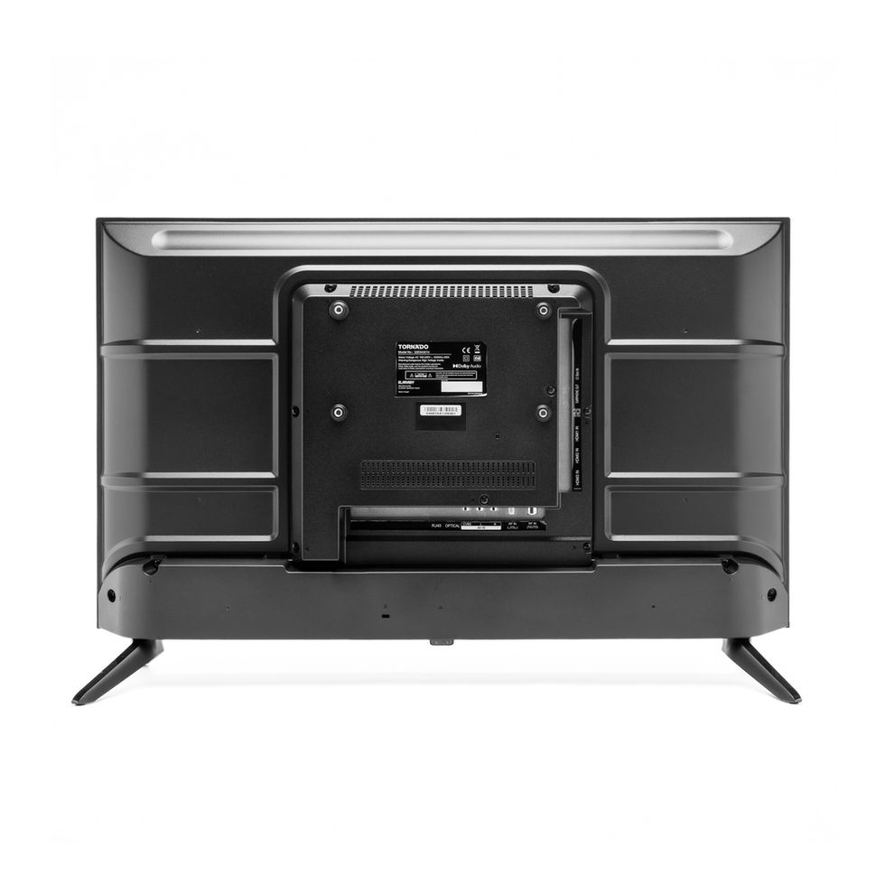 Rückseite eines 32-Zoll-TVs mit zentraler Anschluss- und Montageeinheit, sichtbaren Ports und Standfüßen.