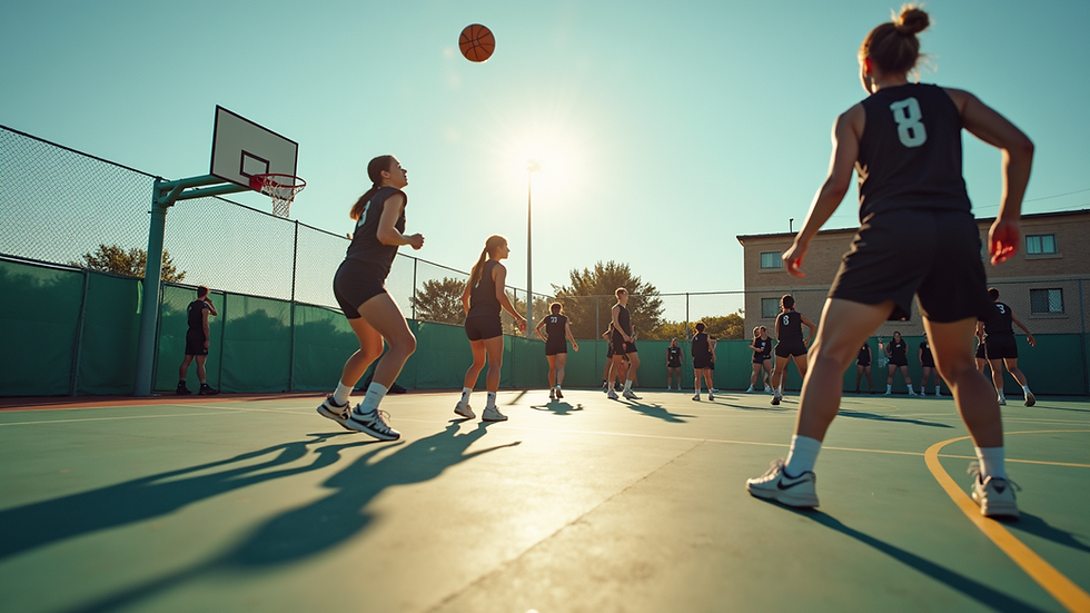 Eye-level view of a netball court with players in action