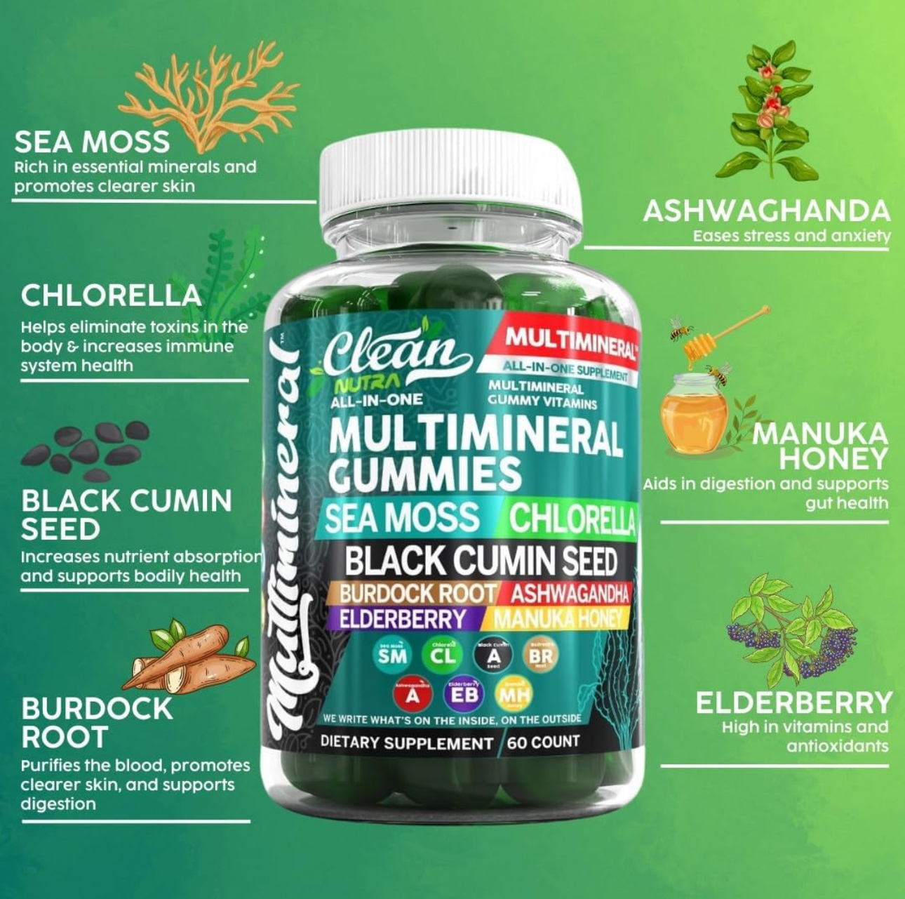Clean Nutra Multimineral Sea moss, Elderberry, Black seed oil Gummies