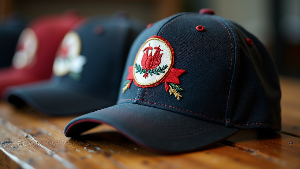 Close-up view of a custom embroidered hat with a unique design