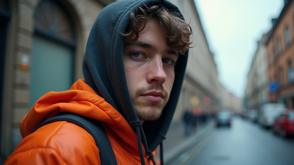 Eye-level view of a person wearing a custom-designed hoodie