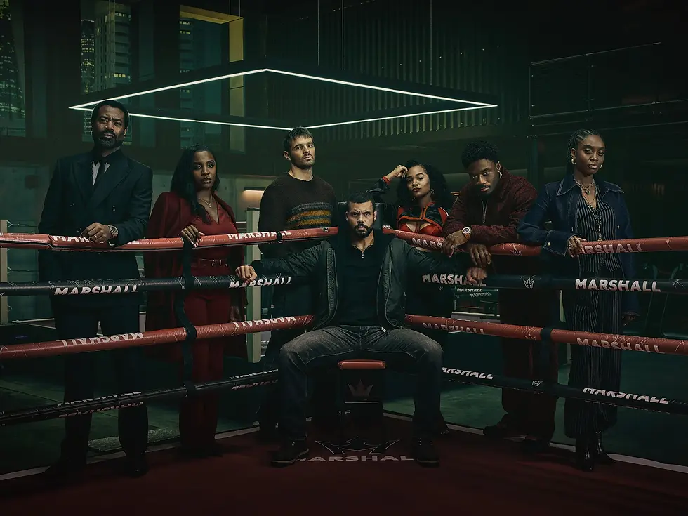Six serious people pose in a boxing ring labeled MARSHALL, under neon lights in a dark city gym, with a tense, dramatic mood.