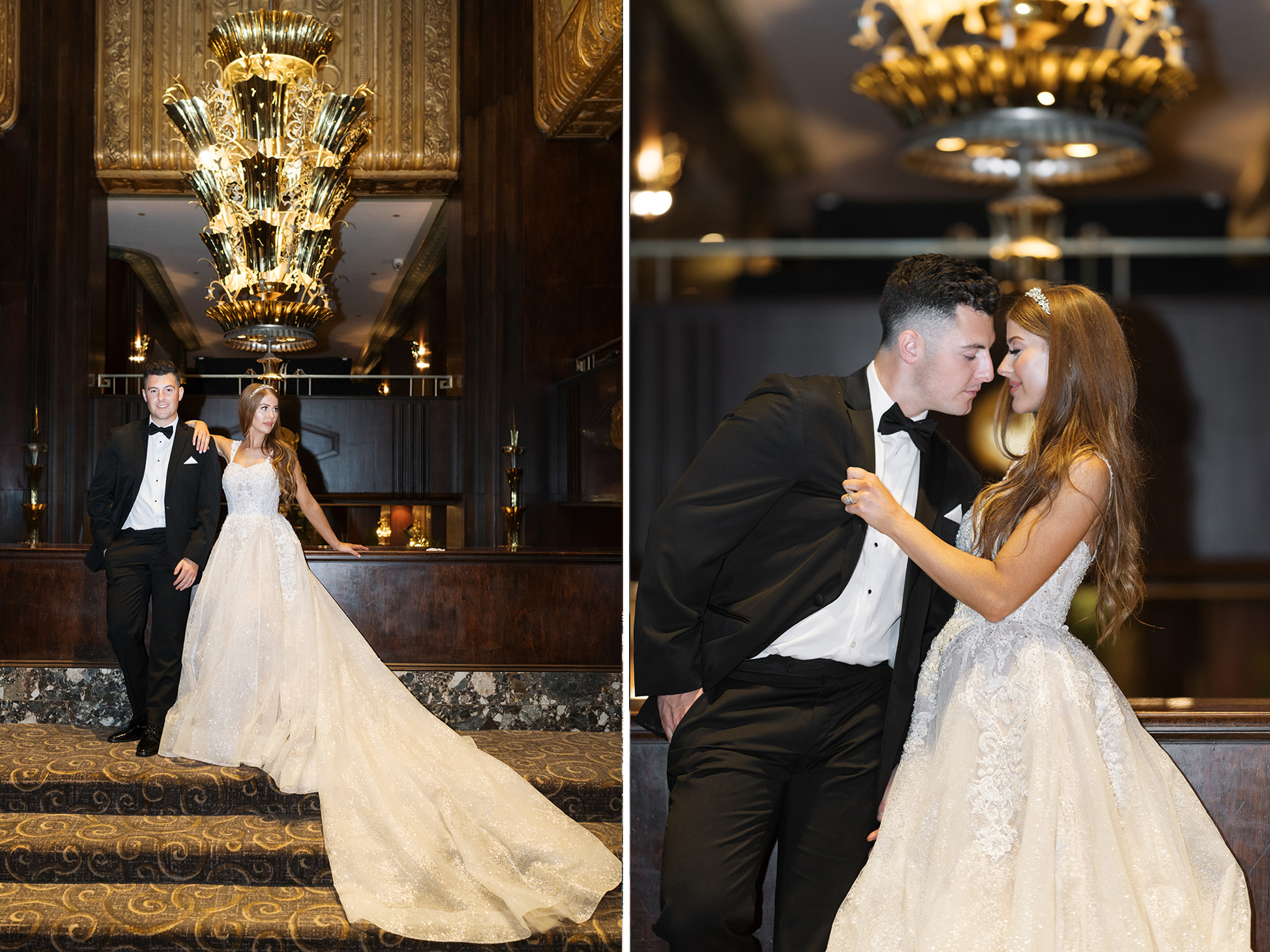 Dom and Hayley in wedding attire beneath a dramatic Art Deco chandelier inside Hilton Cincinnati Netherland Plaza