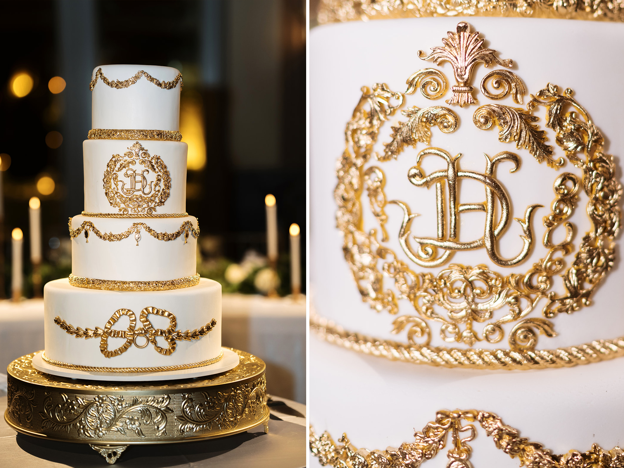 White-and-gold monogram wedding cake and ornate cake details at Dom and Hayley's reception