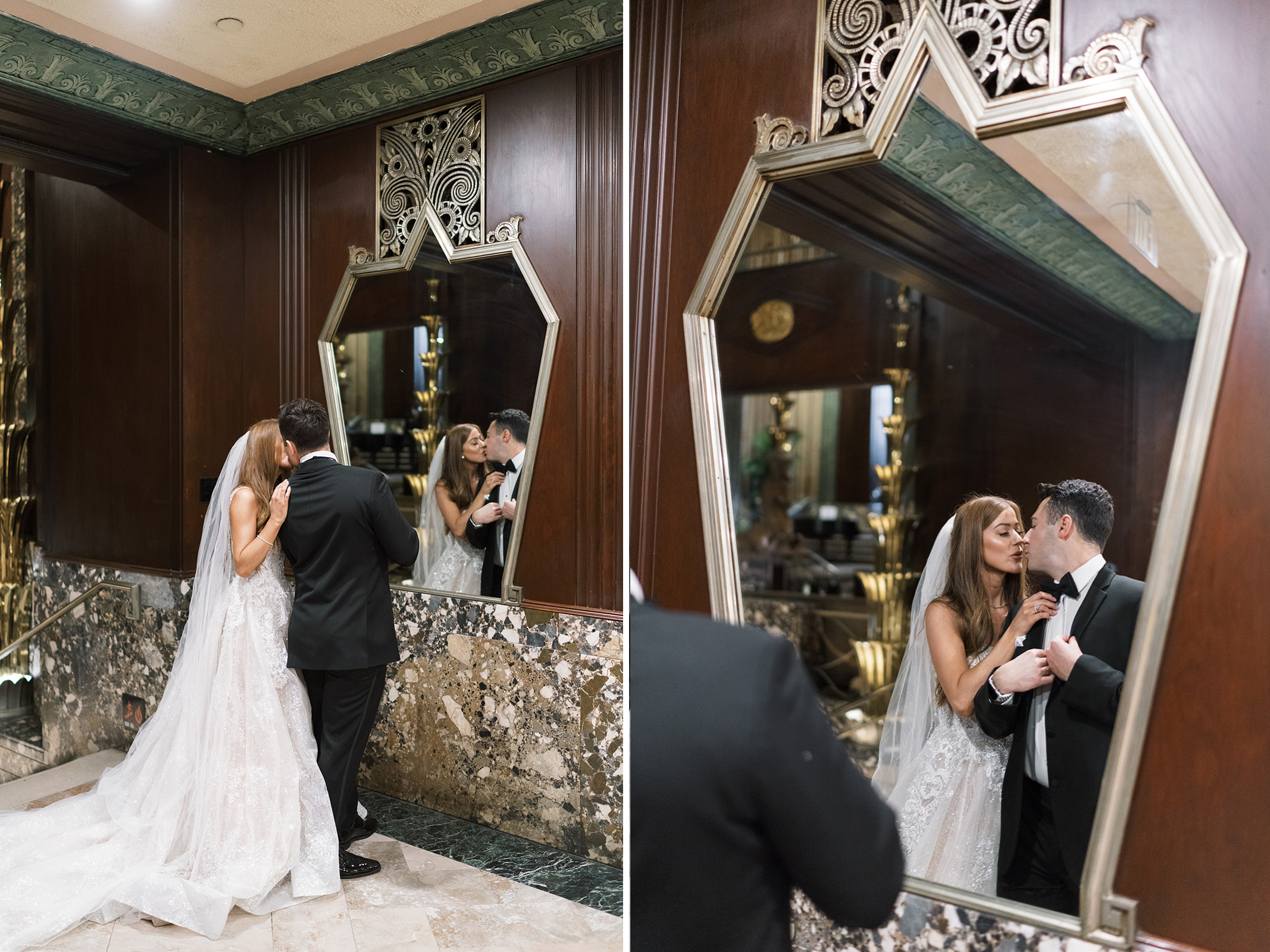 Dom and Hayley sharing a kiss beside an Art Deco mirror inside Hilton Cincinnati Netherland Plaza