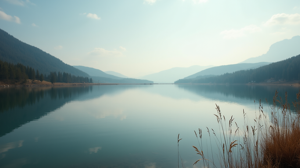 Eye-level view of a serene landscape with a calm lake