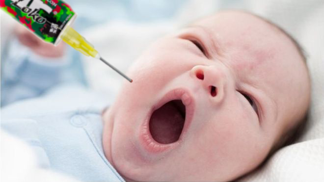 Baby getting The Yawns vaccine