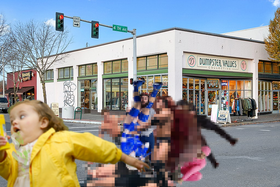 Bubble girt vomits and runs from a blurred mass of people and a demon.
