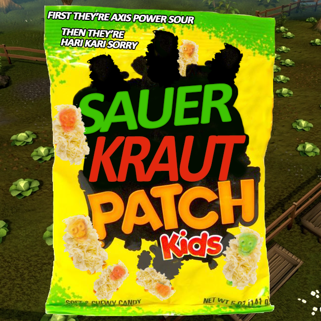 It's a Sour Patch Kids bag but it's changed to Suerkraut Patch Kids. "First they're axis power sour, then they're hari kari sorry."