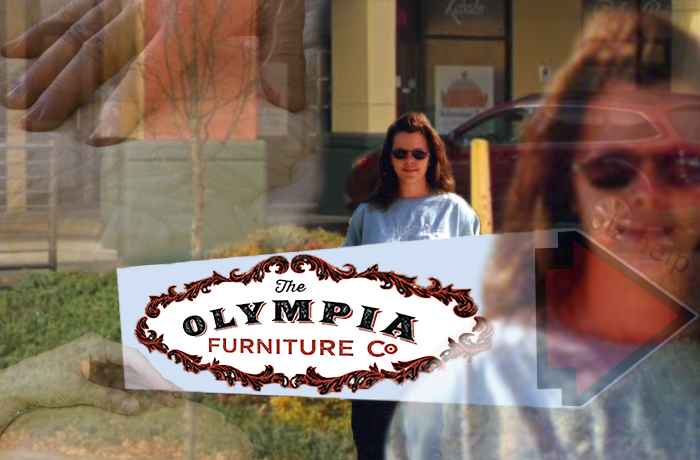 A young girl holds a Olympia Furniture company sign. She has a very slight smile. Translucent pictures of hands touching furniture are present.