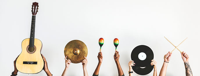 Five sets of arms holding up instruments, including a guitar, cymbal, maracas, records, and sticks