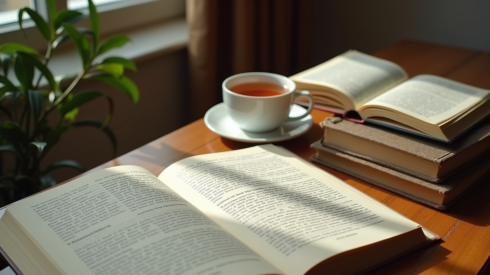 High angle view of a tranquil study space with books and a cup of tea