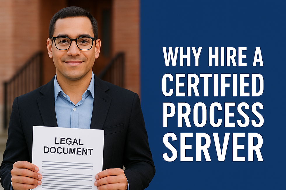 A professional man in a suit and glasses stands in front of a brick courthouse holding a document labeled “Legal Document.” Beside him, bold white text reads “Why Hire a Certified Process Server” against a blue background, representing professional legal services in Houston.