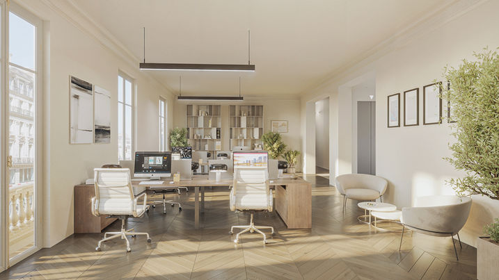 Perspective intérieure d’un bureau lumineux situé avenue de l’Opéra à Paris. L’espace présente de grandes fenêtres ouvrant sur l’avenue, avec un mobilier contemporain et une ambiance élégante et professionnelle.