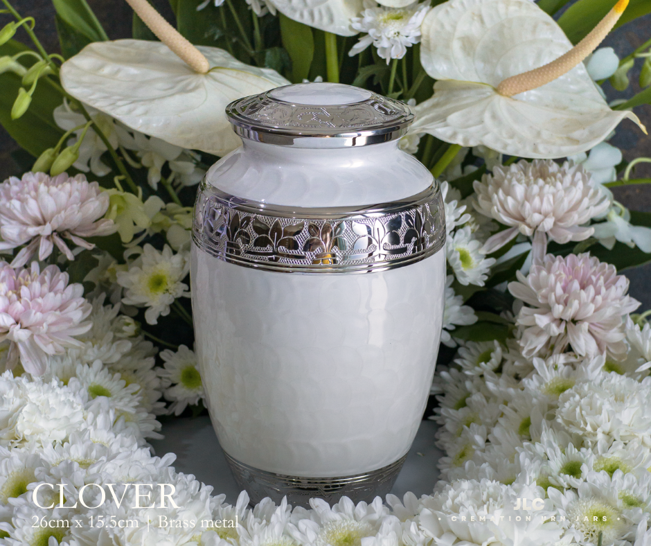 Premium pearl white cremation urn with hand-carved detailing for adult ash remains.
