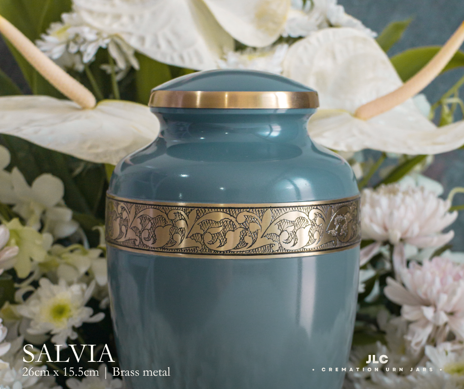 Premium stone blue cremation urn with hand-carved detailing for adult ash remains.