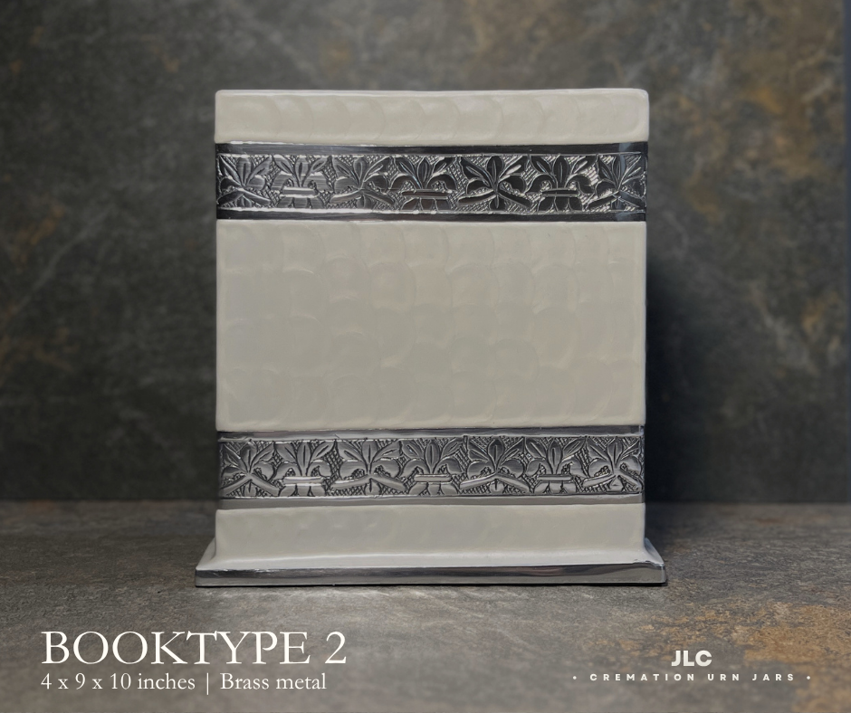 Premium white brass booktype cremation urn with elegant stainless detailing for adults.