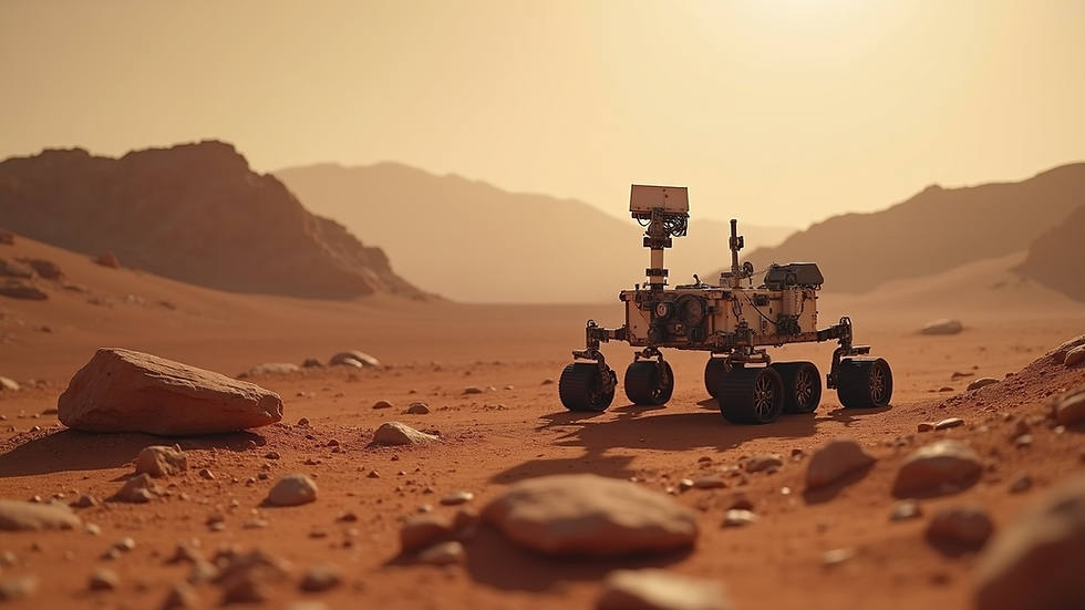 Eye-level view of Mars rover exploring the surface