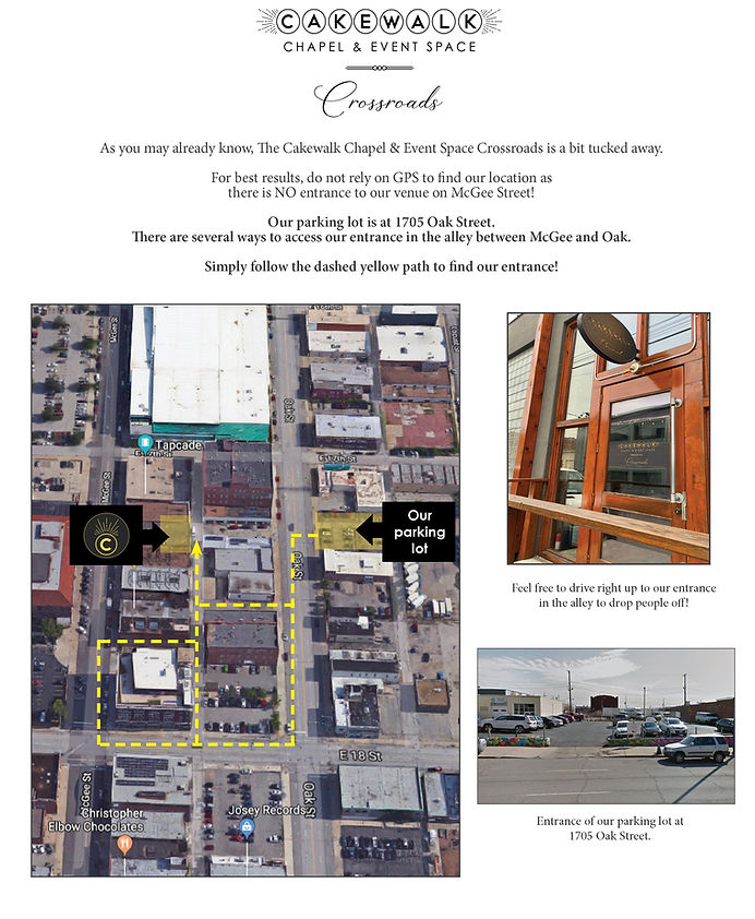 Map to find Cakewalk Chapel and Event Space Crossroads in Kansas City Parking Lot and Entrance
